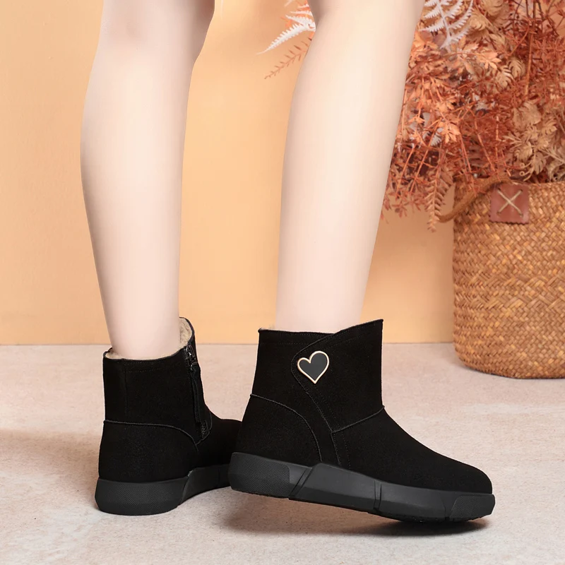 Snow Boots Women Winter Shoes Genuine Leather Women Ankle Boots Flat Large Size Natural Wool Non-slip Women Booties