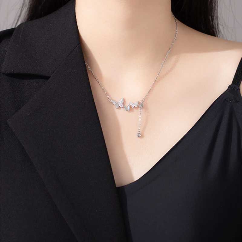 Christmas gift 925 sterling silver sSparkling diamond butterfly necklace fashion tassel Collaone chain Birtay gift jewelry W241230