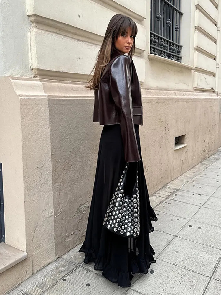 Fashion Red Brown Women Pu Leather Skirt Set Elegant Lapel Long Sleeve Single Breasted Coat Lady Chic Mini Skirts Slim Outfits 241224