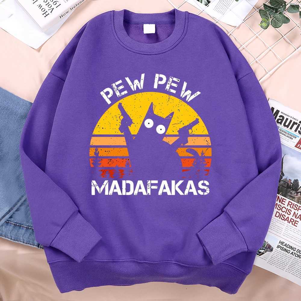 Pew Madafakas Cat Two Gun Sweatshirt Mens Hip Hop Warm Hoodie Retro Thick Streetwear Unisex High Quality Hoodie W241230