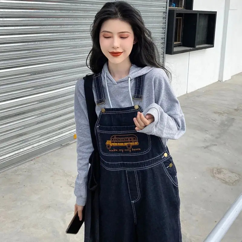 Jumpsuits Women Cartoon Embroidery Fashion Denim Suspender Harajuku Retro Wide Leg Baggy Cow BF Unisex Cute Chic Student 241230
