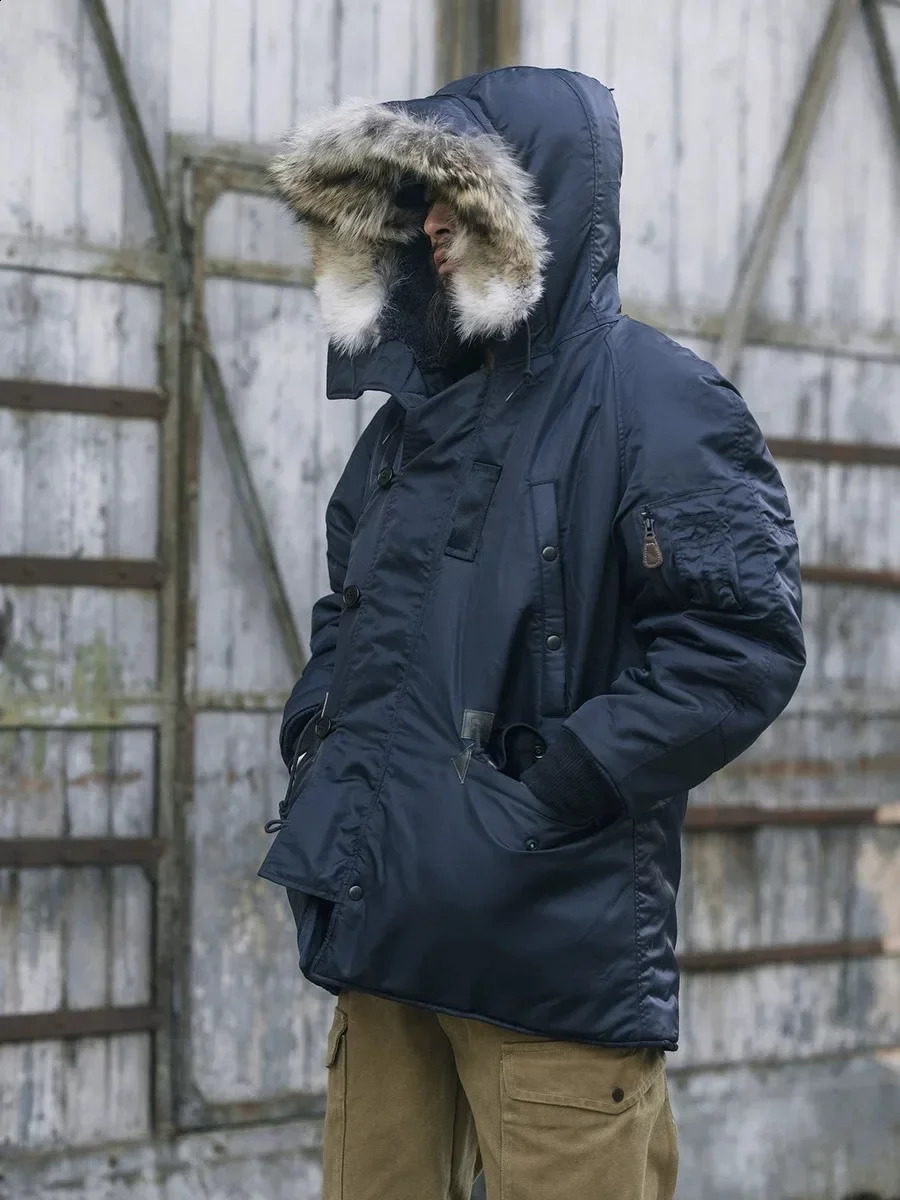 Rugged Bronson Type N3A Snorkel Parka Winter Mens Real Fur Collar Long Bomber Jacket Blue N3B 241224
