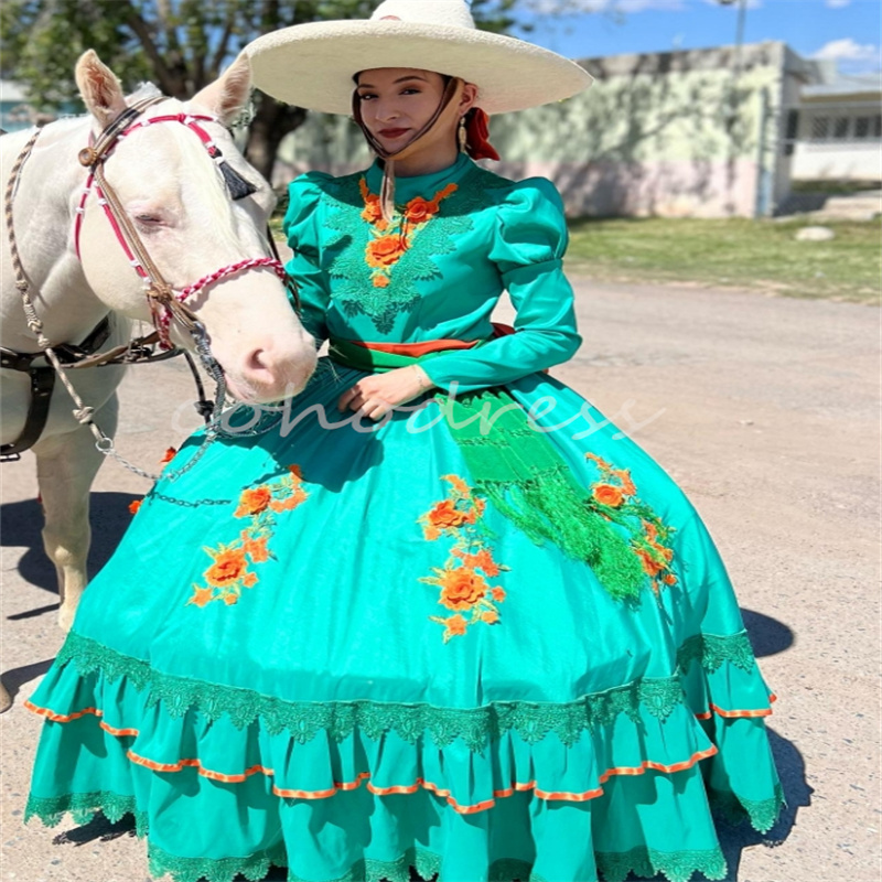Mexican Theme Vestidos De 15 Quinceanera Dresses Turquoise 3D Florals Lace Horse Sweet 16 Birthday Dress Charro Prom Jalisco Mariachi Xv Debutant Para