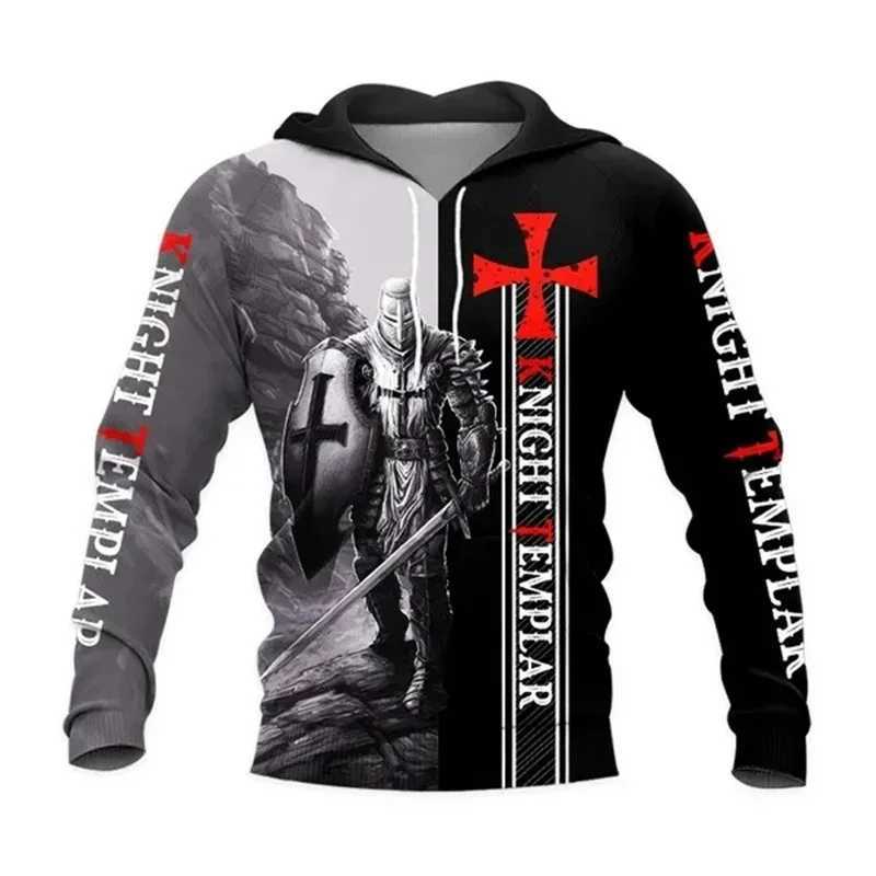 Knight Templar Hoodie Mens 3D Medieval Soldier Armor Printed Hoodie Retro Street Clothing Fashion Pocket Zipper Casual Clothing W241230