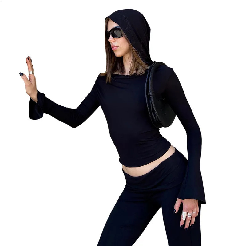 Y2k 2000s Hooded Crop Tops Long Sleeve Tees Black T Shirts Fall Trending Clothes for Women Streetwear 241224