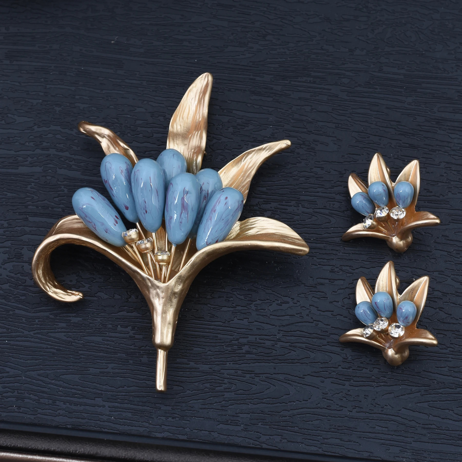Vintage Blue Brooch Enamel Bollflower Stud Earrings Brooch Set Vintage Accessory Glass Flower bouquet 241230