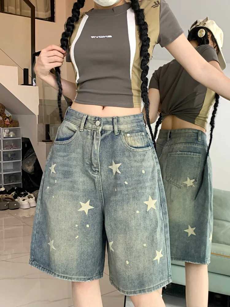 AA American Vintage High Waist Jeans Womens Casual 2000s Stars Print Retro Shorts Baggy Y2K Wide Leg Grunge Washed Denim ShortsX241230