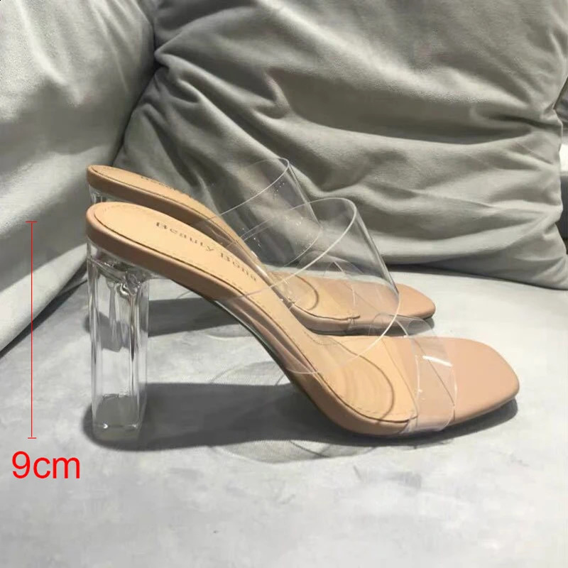 Summer Women Pumps Sandals 9cm Jelly Slippers Sexy Open Square Toe High Heels Women Transparent Slippers Shoe Heel Clear Sandals 241230