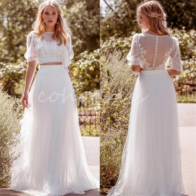 Elvish Nordic Boho Wedding Dress Two Pieces Greek Bohemian Bridal Dress Country Short Sleeves Lace Celtic Bride Dress Civil Floor Length Tulle Vestido