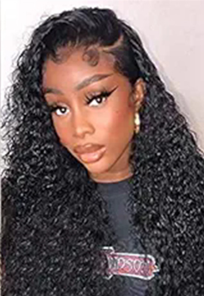 HD Lace Frontal Wigs Pre Plucked Full lace Kinky Curly Lace Front Wigs for Black Women Real Human Hair Wigs Glueless Long Curly Wig Natural Black Colo