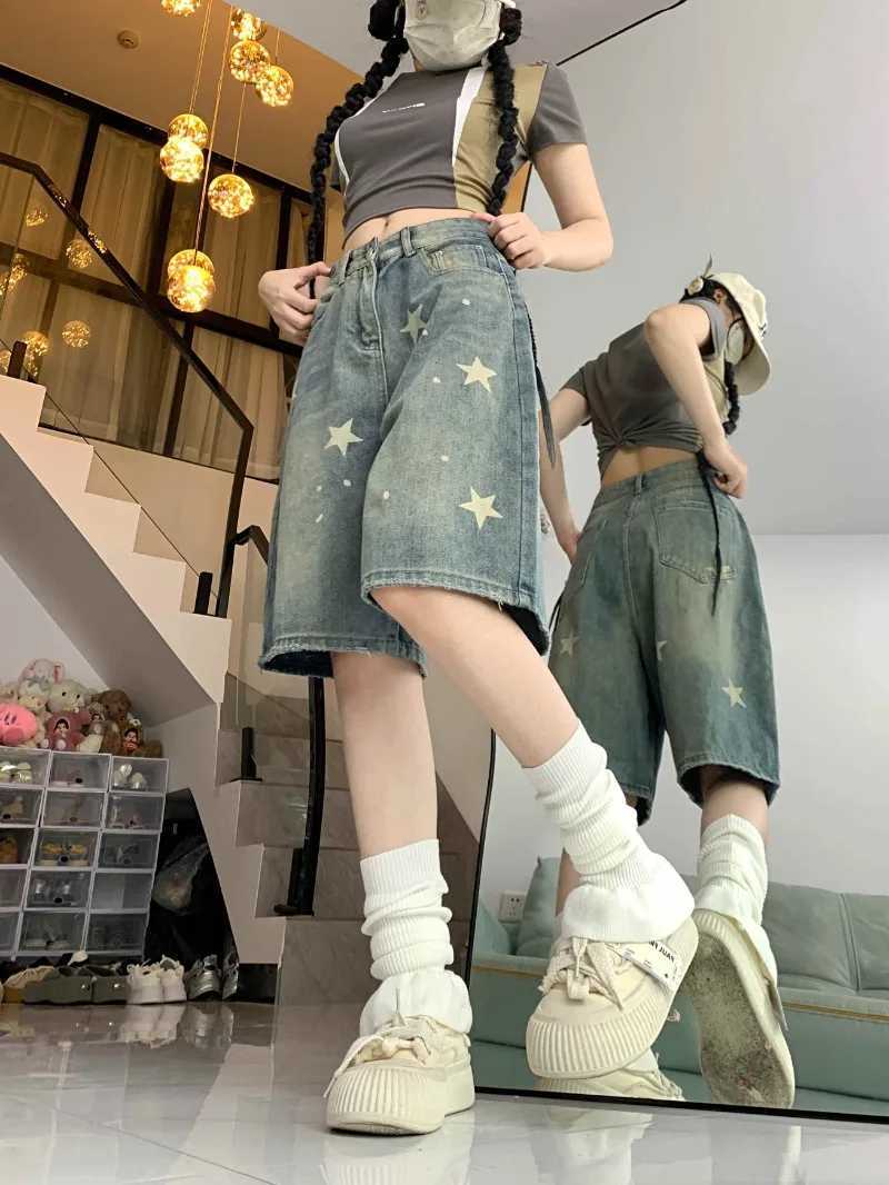 AA American Vintage High Waist Jeans Womens Casual 2000s Stars Print Retro Shorts Baggy Y2K Wide Leg Grunge Washed Denim ShortsX241230