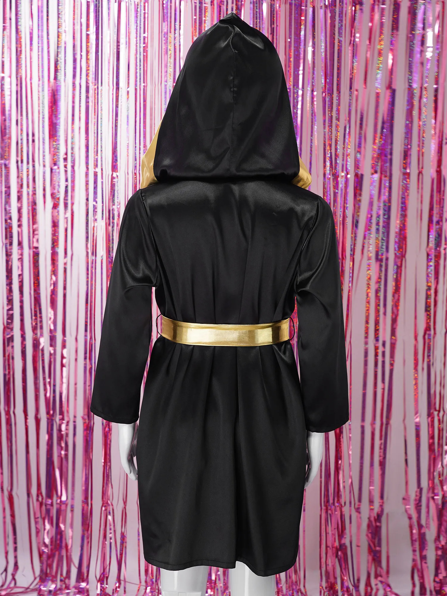Kids Boys Boxing Robe Halloween Theme Party Boxer Cosplay Costume Long Sleeve Open Front Metallic Satin Hooded Cloak with Belt 241230