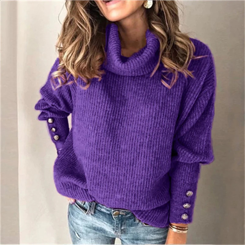 2024 Fashion Button Decoration Lantern Long Sleeve Knitwear Women Turtleneck Sweater Female Solid Color Pit Stripes Knitted Tops 241223