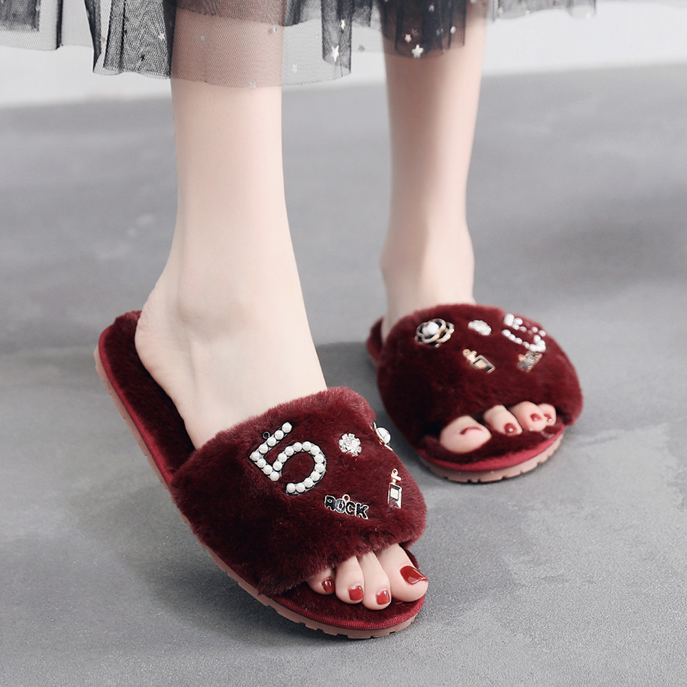 designer brand winter fur slippers women pearl beading flip ps metal wer furry slides ladies cozy plush home shoes EU35-42