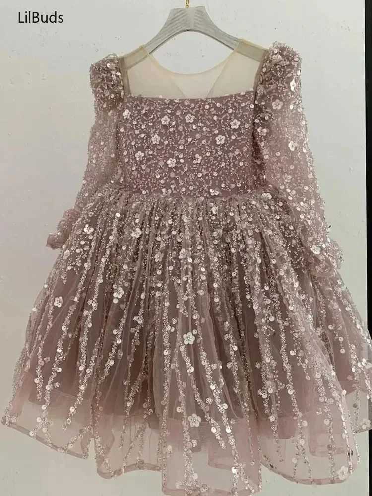 Girl's Dresses 2024 Children Birthday Evening Party Matching Princess Ball Gown Long Sleeve Formal Dresses Kids Girls Elegant Shinny SequinY24122