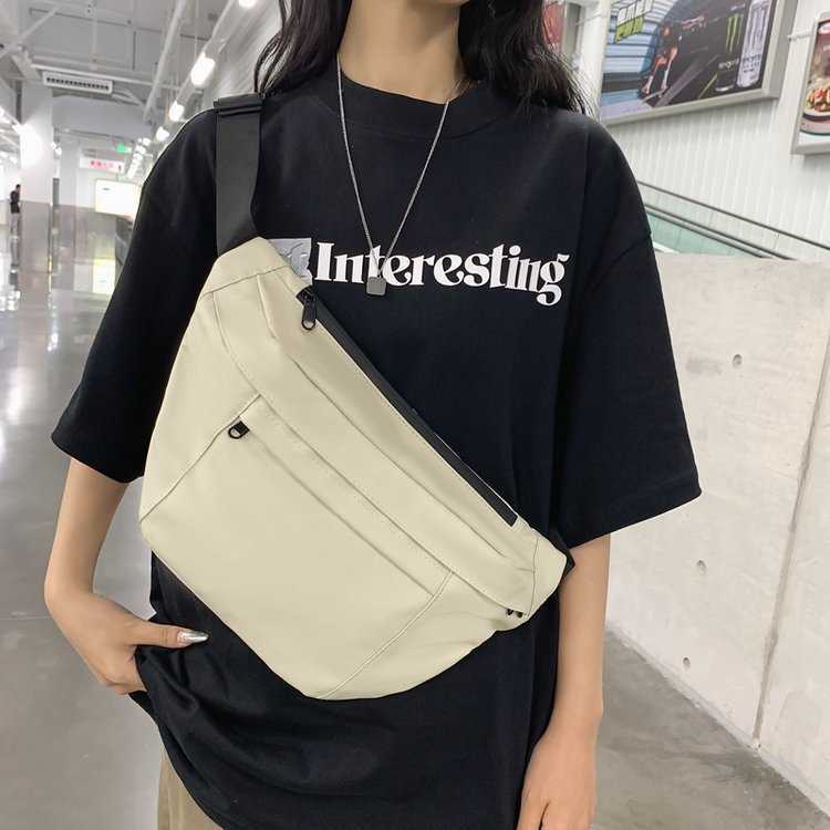 Men's bag, travel crossbody bag, trendy brand chest bag, sports style casual canvas waist bag, simple solid color chest bag 241230