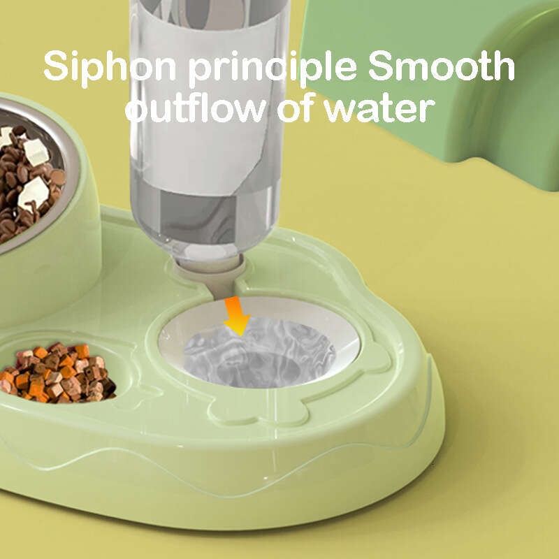 DHpet Double Dog Cat Bowls 2 in1 Tilted Pet Food Set with Automatic Gravity Water Dispenser Bottle Detachable Stainless Steel Bowl No-Spill for Cats a