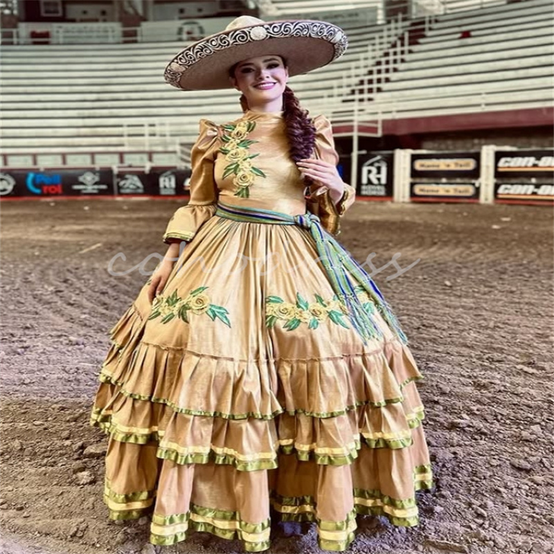 Traditional Mexico Gold Quinceanera Dresses Jalisco Dress Folklorico Embroidery Vestidos De 15 Anos Mariachi Prom Party Jalisco Xv Debutant Para Hallo