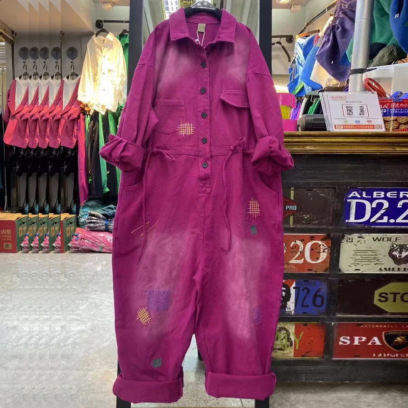 Cow Coveralls Women Autumn Streetwear Embroidery Lapel Button Denim Wide Leg Jumpsuit High Waist One-piece Pants Romper 241230