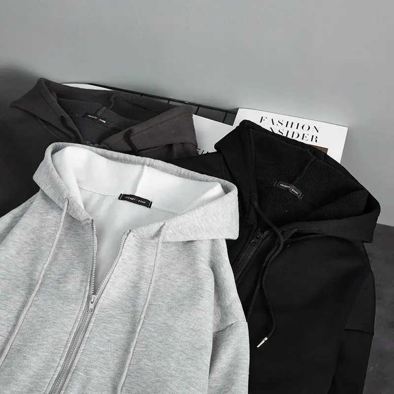 Autumn and winter velvet thick hooded cardigan loose mens clothing Korean version warm solid color zipper chic top W241230