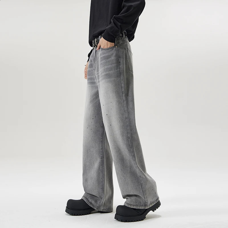 Gray Gradient Washed Sashes Flare Jeans Mens Streetwear Baggy Y2K Bell-bottoms Harajuku Loose Casual Denim Trousers Male 241230