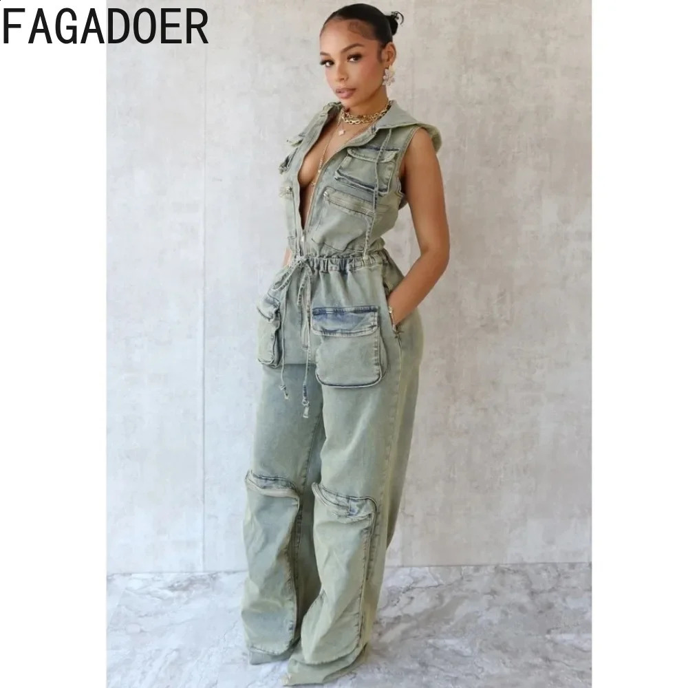 FAGADOER Retro Blue Fashion Denim Hooded Cargo Jumpsuits Women Zip Sleeveless Drawstring Playsuits Female Elastic Cow Overall 241230