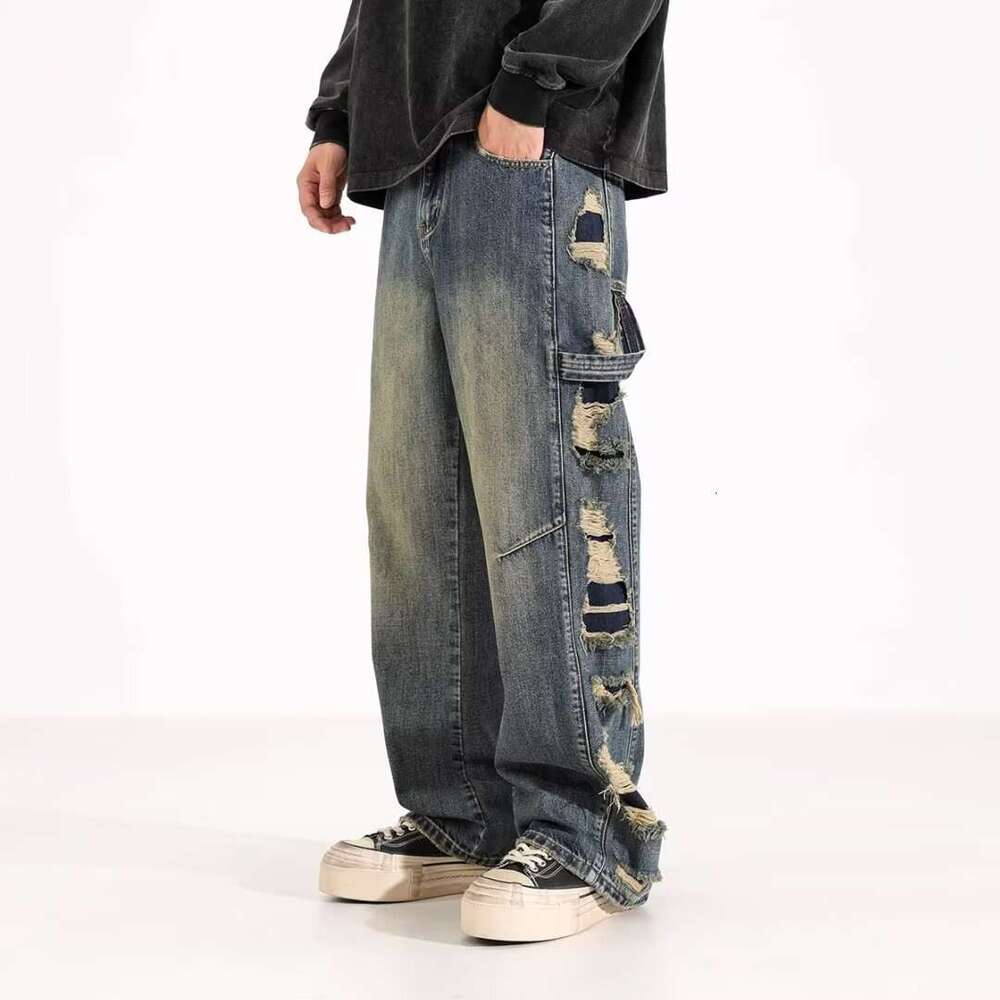 Men's Wear Hip Hop Jeans Street Jeans American Style Vintage Clean Fit Loose Ripped Jeans Men's High Street Trendy Brand Versatile Straight 