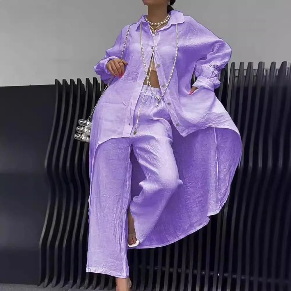 Lady Clothes Elegant Cuff Shirt Elastic Waist Trousers Set For Women Stylish Buttondown Blouse With Irregular Hem Fall 2024 241220