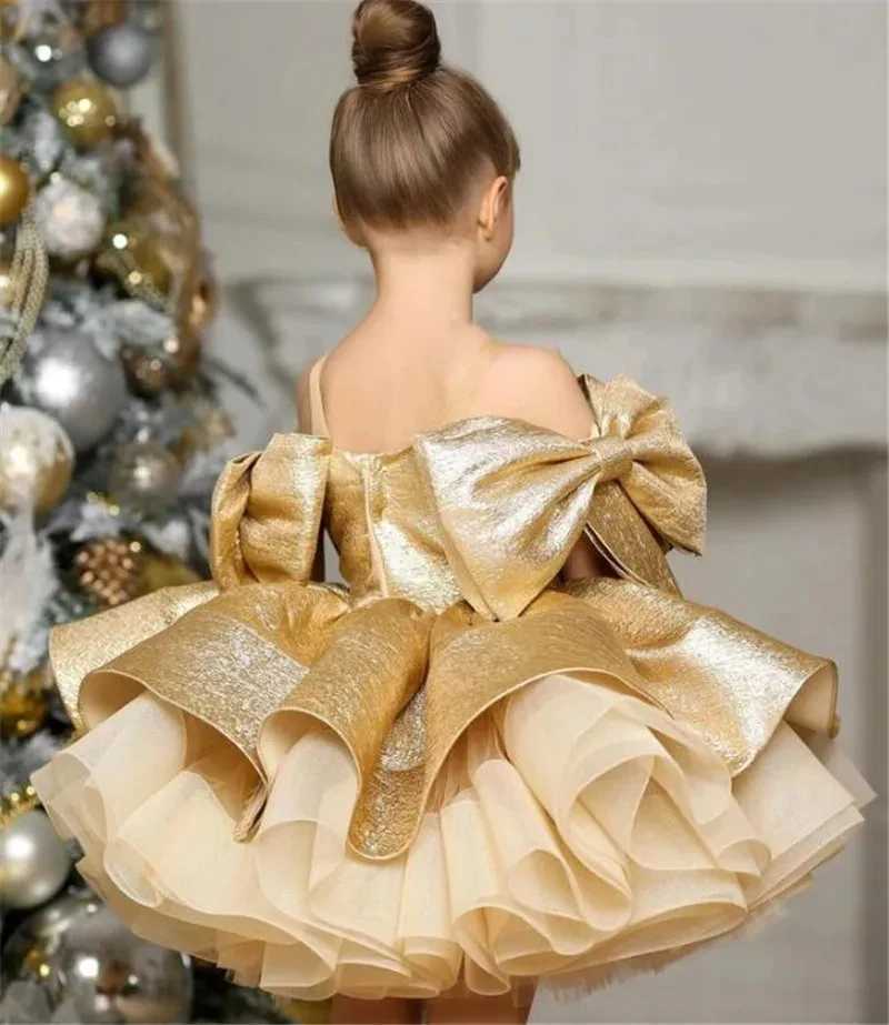 Girl's Dresses Fluffy Gold Satin Flower Girl Dress Knee Length Sparkling Wedding Party Dress Bow Child Baby Birthday Dress Ballet Tutu Dress L250