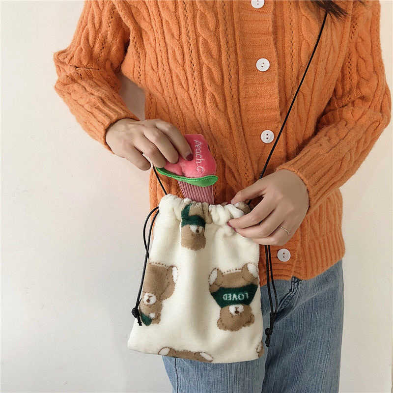 Autumn and Winter Plush Vertical Phone Bag with Drawstring, Cute Crossbody Mini Bag, Korean Version Fur Student Soft and Cute Shoulder Bag