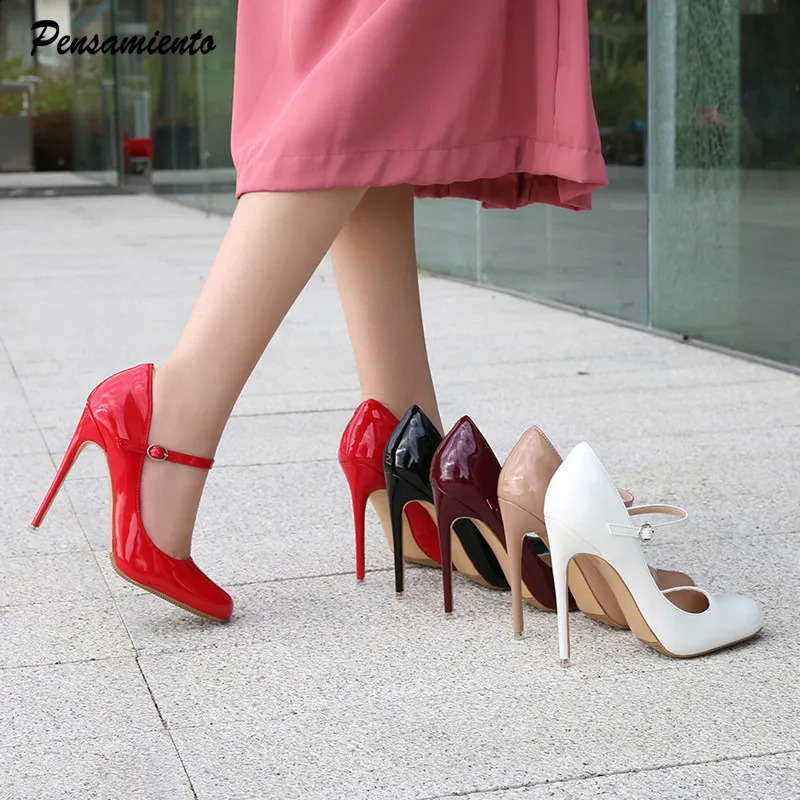 Big size 35-46 Mary Janes Women Pumps Fashion Round toe Patent leather 12cm High Heels Spring Summer Office Lady Shoes 241230