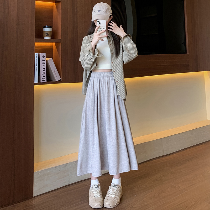 M95799 Spring and Autumn High Waist Slim Umbrella Skirt A-line Midi Skirt College Style Knitted Skirt