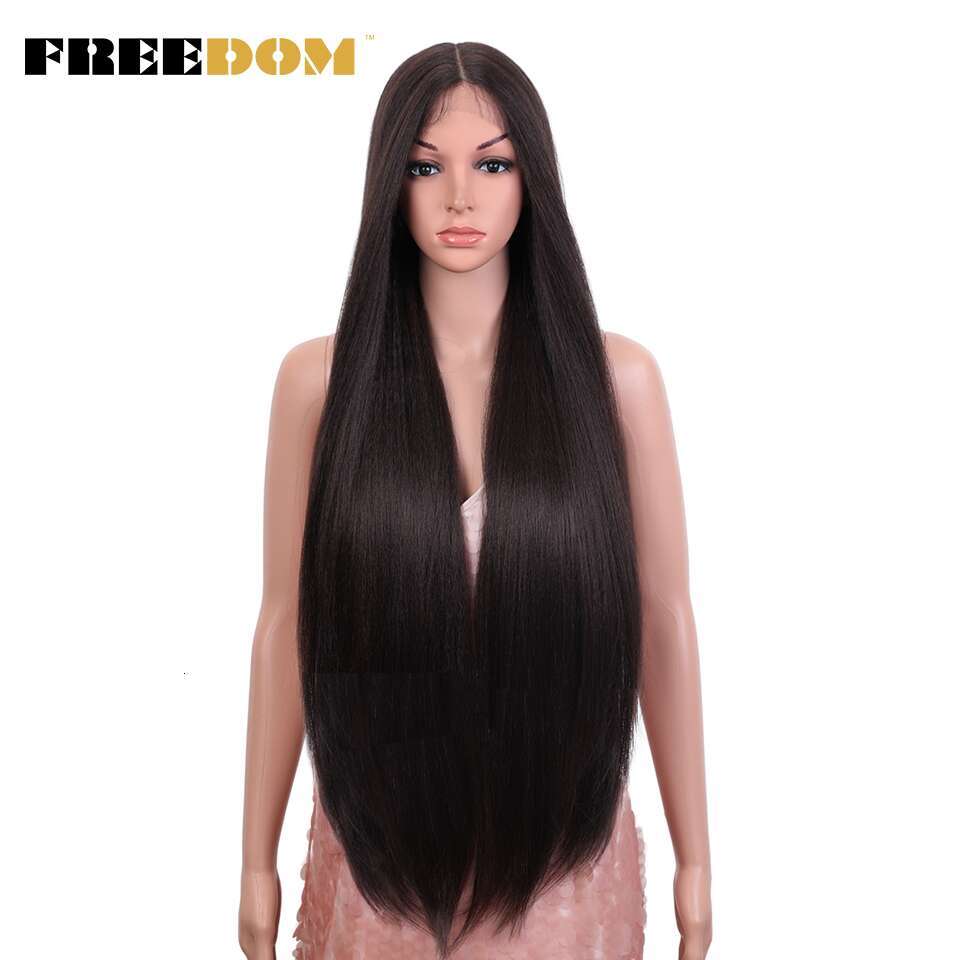 FREEDOM Yaki Straight Synthetic Wigs For Women Ombre Brown Handtied Lace 36 Inch Middle Part Long Blue Pink Cosplay Wig