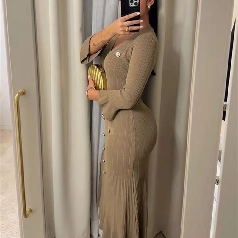 Elegant Knitted Long Dres Flare Sleelve V Neck Ruffles Single Breasted Bodycon Dresses Party Fashion Office Lady Vestidos 241228