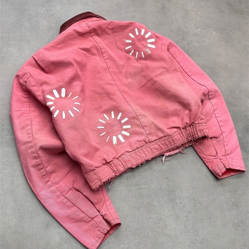 Mens autumn and winter clothing denim cotton warm Gothic punk pink perforated printed collar Womens loose jacket 241219