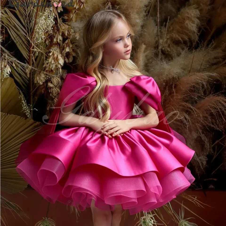 Girl's Dresses Fluffy Gold Satin Flower Girl Dress Knee Length Sparkling Wedding Party Dress Bow Child Baby Birthday Dress Ballet Tutu Dress L250