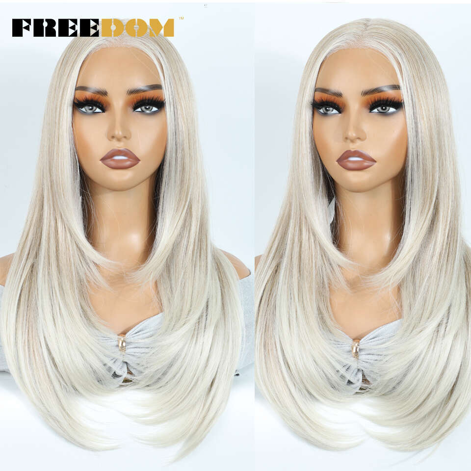 FREEDOM Synthetic Lace Front For Woman Long Layered Straight Wigs Ombre 6X4 Plucked Pre Cut Wear And Go Glueless Wig