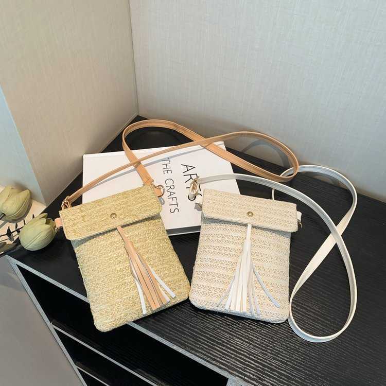 Straw Woven Bag Small Bag 2024 Trend Versatile Women's Small Bag Woven Small Square Bag New Tassel Phone Bag