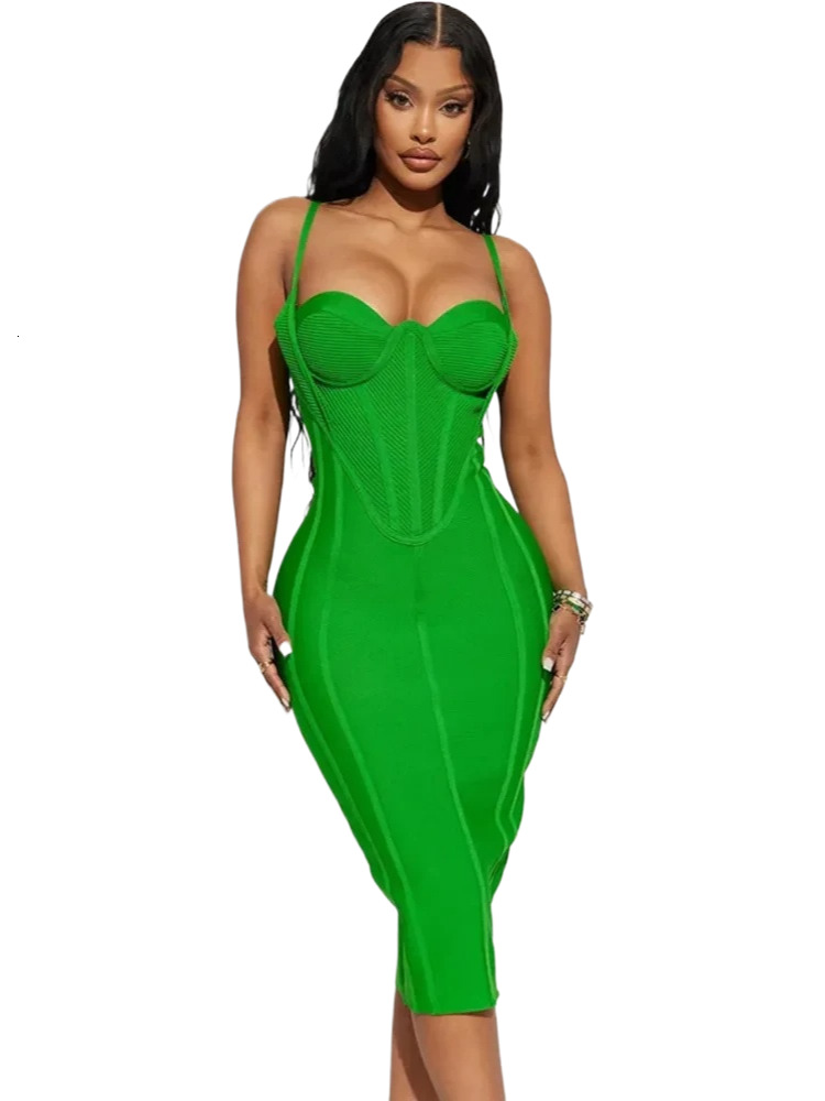 Celebrity Women Summer Sexy Sleeveless Backless Green Midi Bodycon Bandage Elegant Evening Club Party Dress