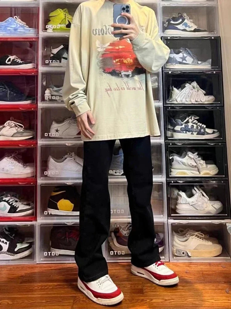 Male Cow Pants Bootcut Black Jeans for Men Flared Trousers Straight Classic Korean Fashion Y2k Vintage Washed In 241230