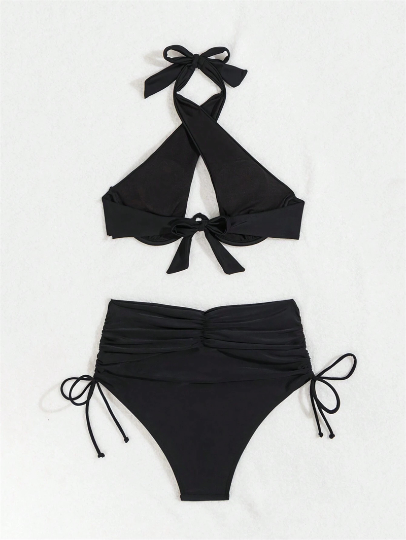 Women Sexy Criss-Cross Bikini Halter Neck Swimsuit Push Up Tops Pleated High Waist Bikinis Set Swimwear Ladies Brazilian Biquini Low Back Bathing Suit