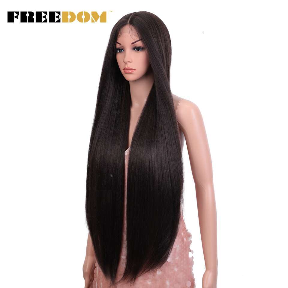 FREEDOM Yaki Straight Synthetic Wigs For Women Ombre Brown Handtied Lace 36 Inch Middle Part Long Blue Pink Cosplay Wig