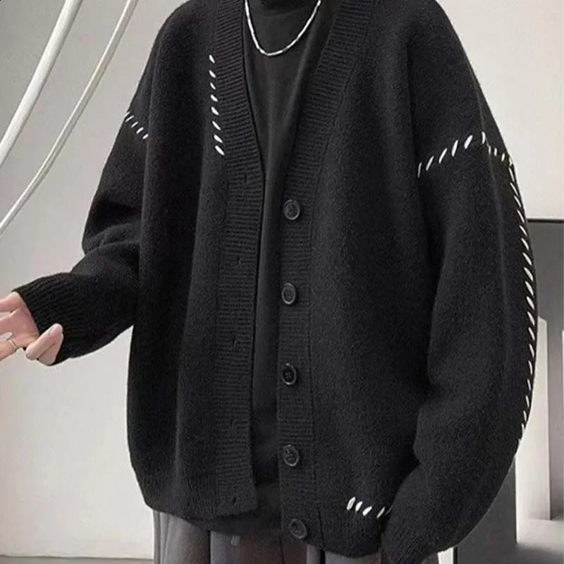 Autumn V-neck Cardigan Sweater Men Women Streetwear Loose Lazy Style Korean Vintage Knitwear Jacket Fashion Mens Cardigan 241230