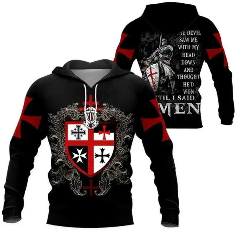 Knight Templar Hoodie Mens 3D Medieval Soldier Armor Printed Hoodie Retro Street Clothing Fashion Pocket Zipper Casual Clothing W241230