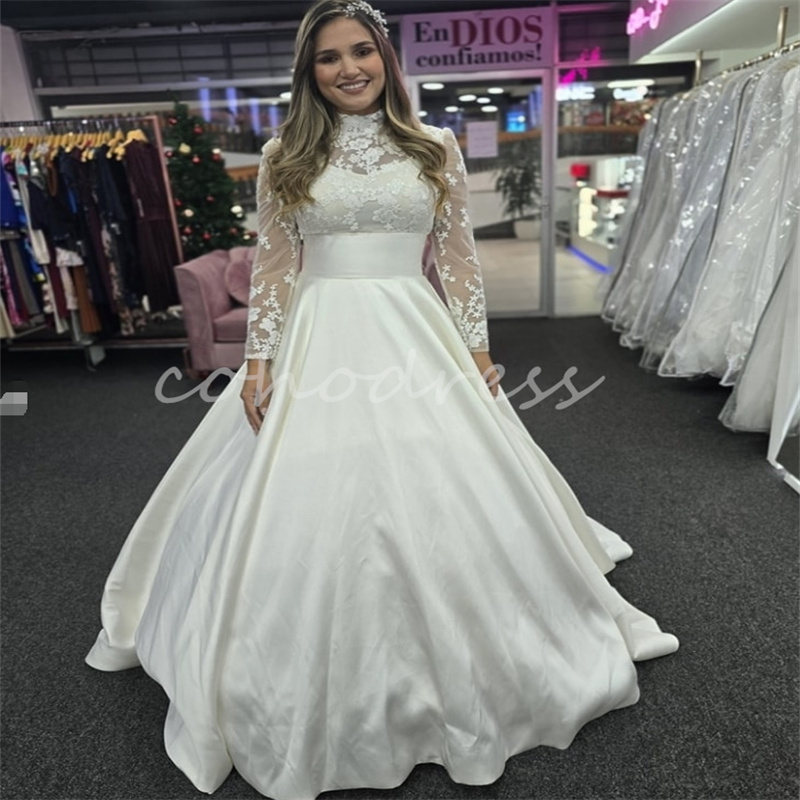 Modern Satin Long Sleeve Wedding Dress 2025 High Neck Lace Civil Country Bridal Gowns Elegant Greek Boho Bride Dress Garden Court Train Robe De Mariee