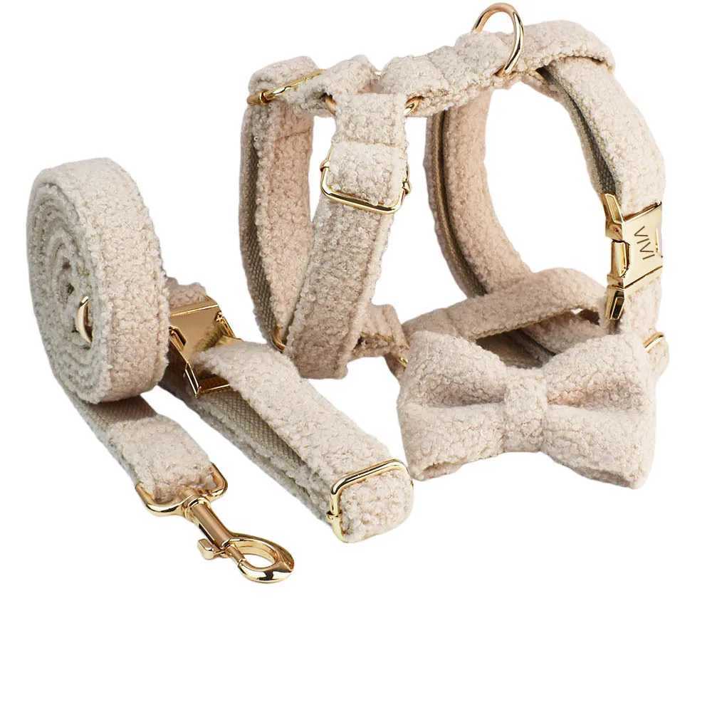 Custom Beige XS-XL Warm Furry Dog Collar Set Puppy Cat Adjustable Durable Pet Harness And Leash SetXJ241230