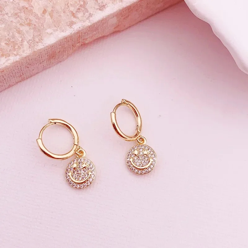 Minar Cute Lovely 14K Real Gold Plated Brass Shiny Full CZ Cubic Zirconia Round Smile Face Pendant Hoop Earrings for Women Gift 241225