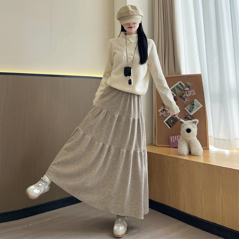 C2094 Spring and Autumn Loose Swing A-line Cake Skirt Lazy Soft Thin Midi Skirt