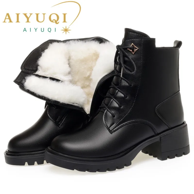 AIYUQI Women's Winter Boots Genuine Leather Women's Snow Booties Large Size Non-Slip Mom Boots Women