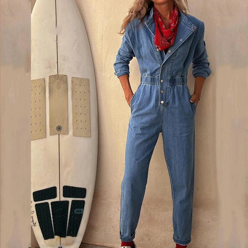 Women Fashion Button Solid Long Rompers Causal Long Sleeve Pocket Pencil Playsuits Elegant O-neck Elastic Waist Cow Jumsuits 241230